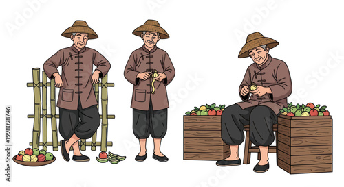 Asian Farmer Harvesting and Selling Fruit