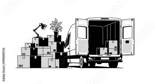 Moving van with stacked boxes and a plant