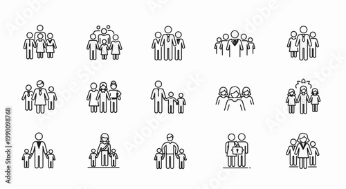 Diverse stylized icon sets representing different family and group structures