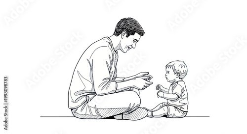 Father and son line art illustration of parent playing with toddler