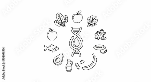 DNA molecule surrounded by health-focused food icons
