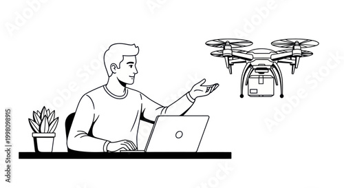 Drone Delivery Concept with Man Using Laptop
