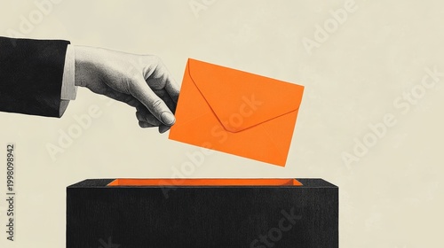 Minimalist illustration of hand placing orange envelope into ballot box, white background, collage style with bold clean lines, pastel colors mixed with black and grey.