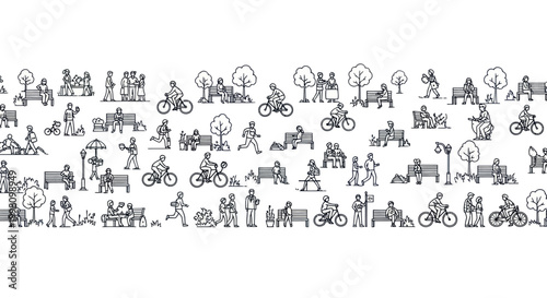 Urban Park People Seamless Pattern Line Art Illustration