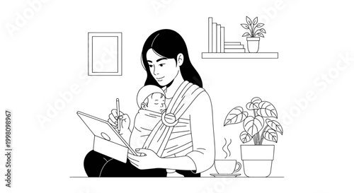 Work From Home Mom with Baby and Tablet