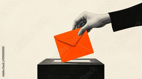 Minimalist illustration of hand placing orange envelope into ballot box, white background, collage style with bold clean lines, pastel colors mixed with black and grey.