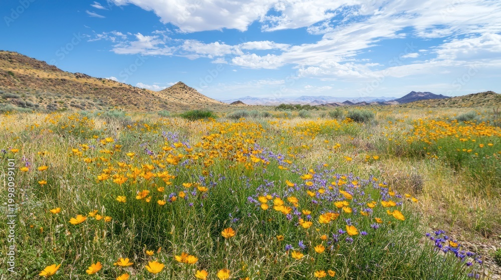Obraz premium A scenic desert scene with wildflowers blooming among the dry, sandy landscape.