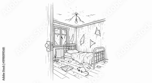 Dingy, dilapidated room with a single bed, broken window, and a rat
