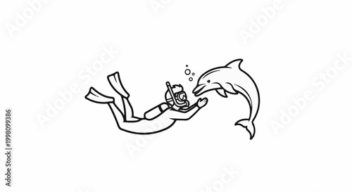 Diver in wetsuit swims towards a friendly dolphin underwater