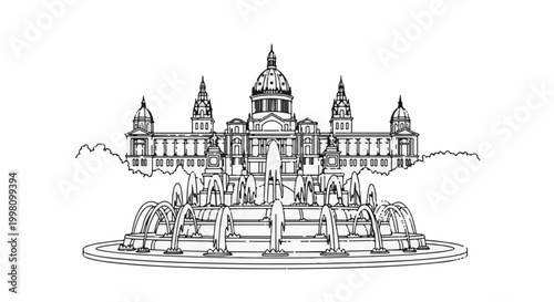 Grand symmetrical building with domed roof and multiple fountains