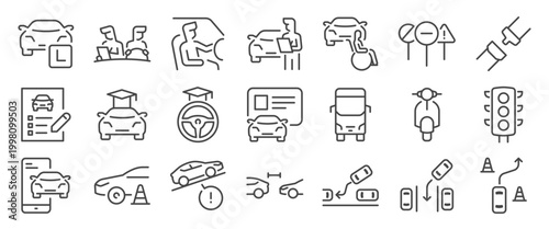 Driving school icon set. It includes car, drive, license, learn, road and more icons. Editable Vector Stroke.
