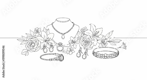 Elegant jewelry collection displayed with delicate floral arrangements