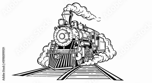 Detailed black and white illustration of a steam locomotive puffing smoke on train tracks