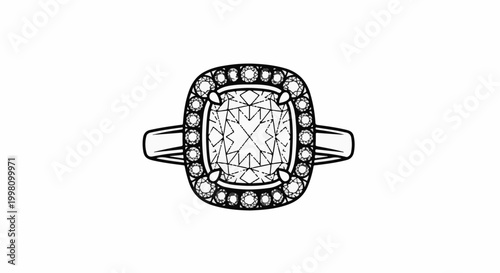Detailed black and white illustration of a square-cut diamond engagement ring
