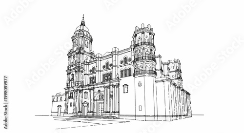 Detailed ink sketch of a grand European cathedral with domes and towers
