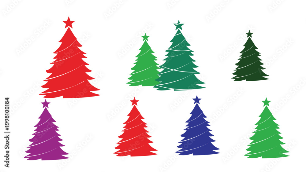 Obraz premium Row of stylized Christmas tree silhouettes in various vibrant colors including red green purple and blue on a white background.