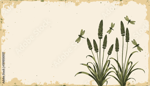 Delicate Dragonflies Fluttering Around Elegant Purple Lavender Blooms on Vintage Background Illustration with Natural Charm and Tranquil Atmosphere