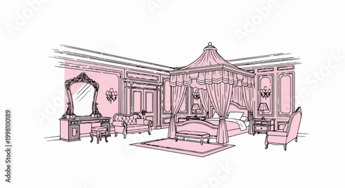 Elegant bedroom with a canopy bed, ornate mirror, and plush seating