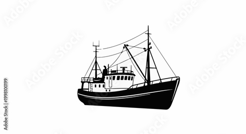 Detailed black and white illustration of a fishing trawler with masts, rigging, and cabin