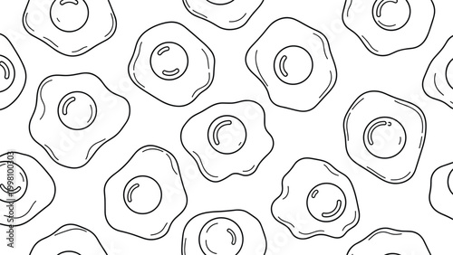 Seamless line art pattern of fried eggs with yolks in various positions on a clean white background for breakfast themes.