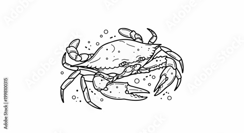 Detailed line art illustration of a crab with bubbles on a white background