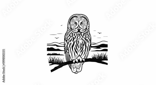Detailed black and white drawing of an owl perched on a branch, with a landscape