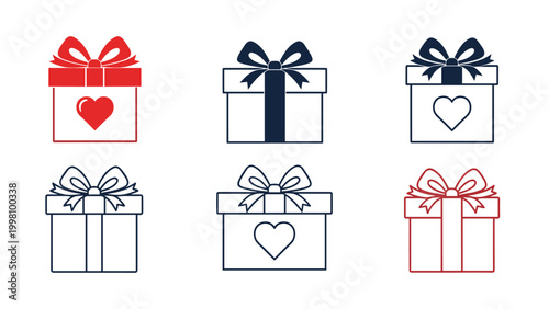 Six diverse gift box icons featuring hearts and ribbons in various colors and outline styles for celebration and love themes.