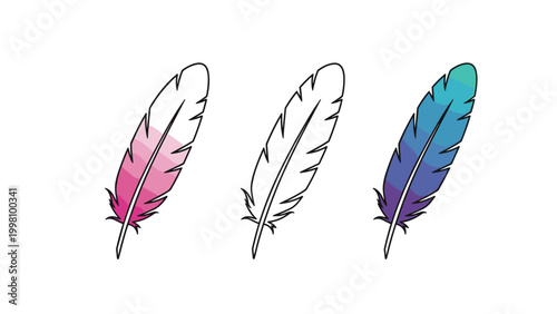 Set of three stylized bird feathers including one in pink and purple tones, an outline, and a blue gradient version.