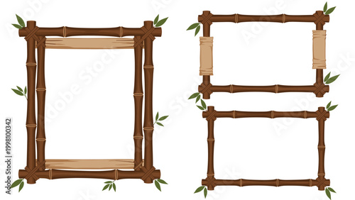 Group of natural bamboo frames in various shapes decorated with small green leaves for an eco friendly or tropical theme.