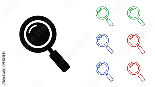 Magnifying glass search icons in black, green, blue, and red colors arranged as a set of useful interface graphic symbols.