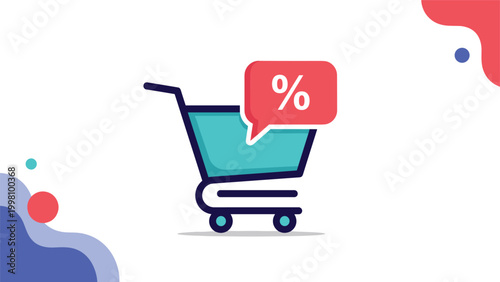 Shopping cart icon with a red percentage speech bubble representing a sale or discount on a modern abstract background.