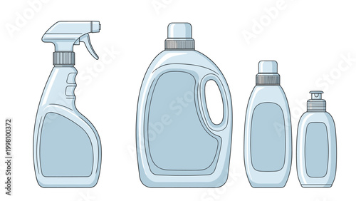 Group of various plastic cleaning product bottles including a spray and laundry detergent on a plain white background.