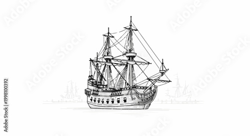 Detailed ink drawing of a majestic sailing ship with full rigging
