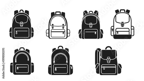 Selection of black and white backpack silhouette icons showcasing different styles and features for travel or school use.