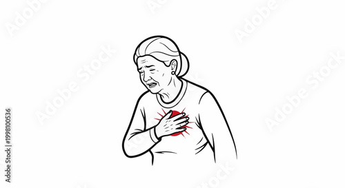 Elderly woman clutching chest in pain with a red starburst symbol
