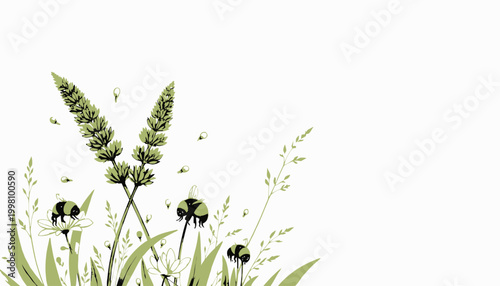 Illustration of Bumblebees Pollinating Lavender and Wildflowers, Showcasing a Vibrant Scene of Nature with Detailed Flora Against a Minimalist White Background