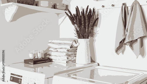 Charming Laundry Room with Freshly Folded Towels, Lavender Bouquet, and Refreshing Beverages on Washing Machine Setup