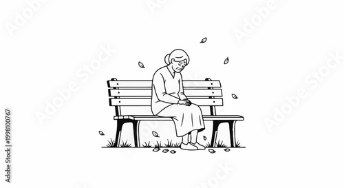 Elderly woman sits alone on a park bench, head bowed in sorrow
