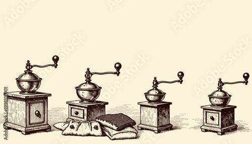 Vintage Coffee Grinder Collection with Burlap Sacks Showcasing a Classic Design and Rustic Charm Illustrating Historic Coffee Preparation Techniques
