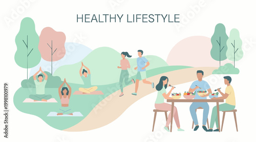 Modern flat illustration representing a healthy lifestyle with activities like exercise, balanced diet, and wellness habits. Suitable for health campaigns, blogs, and fitness content