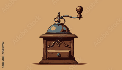 Antique Wooden Coffee Grinder with Hand Crank and Metal Dome on a Brown Background, A Classic Vintage Kitchen Accessory for Grinding Coffee Beans