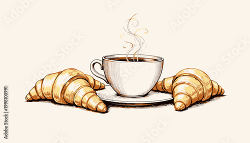 Illustration of a Steaming Cup of Coffee with Three Golden Croissants on a Plate, Celebrating a Cozy Breakfast Setting with Warm Pastries and Aromatic Beverage