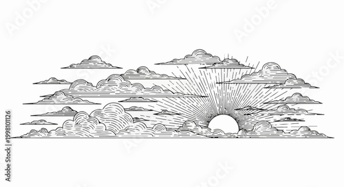 Dramatic sunburst through clouds, rendered in a striking black and white line art style