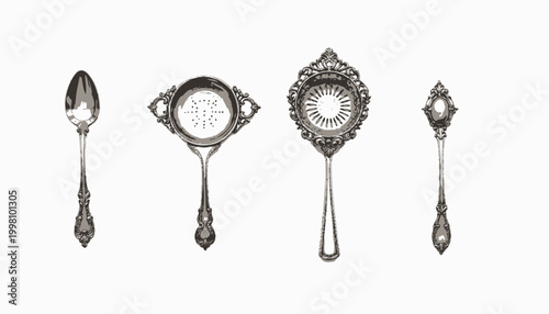 Ornate Silver Tea Strainers and Spoons in Victorian Style Arranged on White Background Displaying Intricate Designs and Patterns for Elegant Tea Settings
