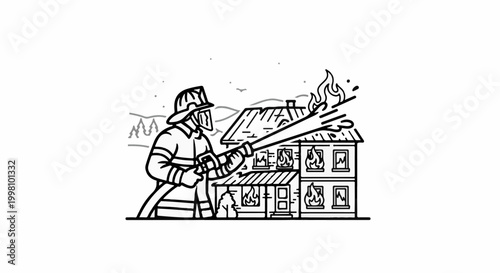 Firefighter battling house fire with hose in front of burning building