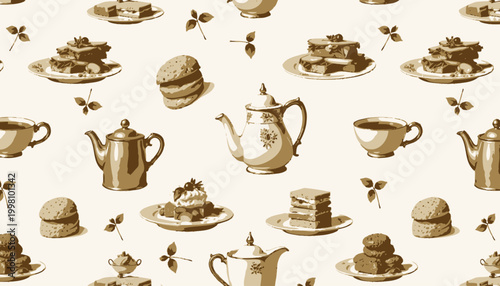 Elegant Tea Time Pattern Featuring Exquisite Teapots, Delicate Cups, Assorted Pastries, and Appetizing Sandwiches with Fresh Garnishes on Creamy Background