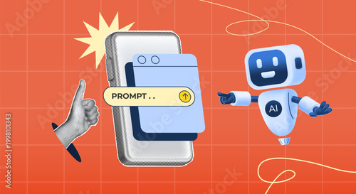 ai robot assist illustration pointing ai input bar prompt app, on halftone collage smartphone and hand gesture thumbs up. for artificial intelligence tools, and advance technology