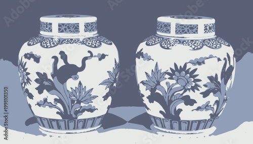 Elegant Blue and White Porcelain Vases Featuring Intricate Floral Patterns and Traditional Asian Design with Matching Lids