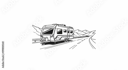 Drawing of a mobile home traveling on a highway through mountainous terrain