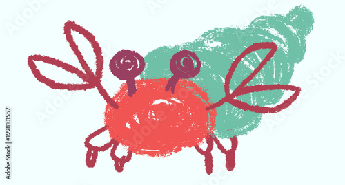Photography Cute hand drawn hermit crab illustration with textured, crayon style finish